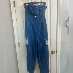 Distressed Corset Denim Wide Leg Jumpsuit